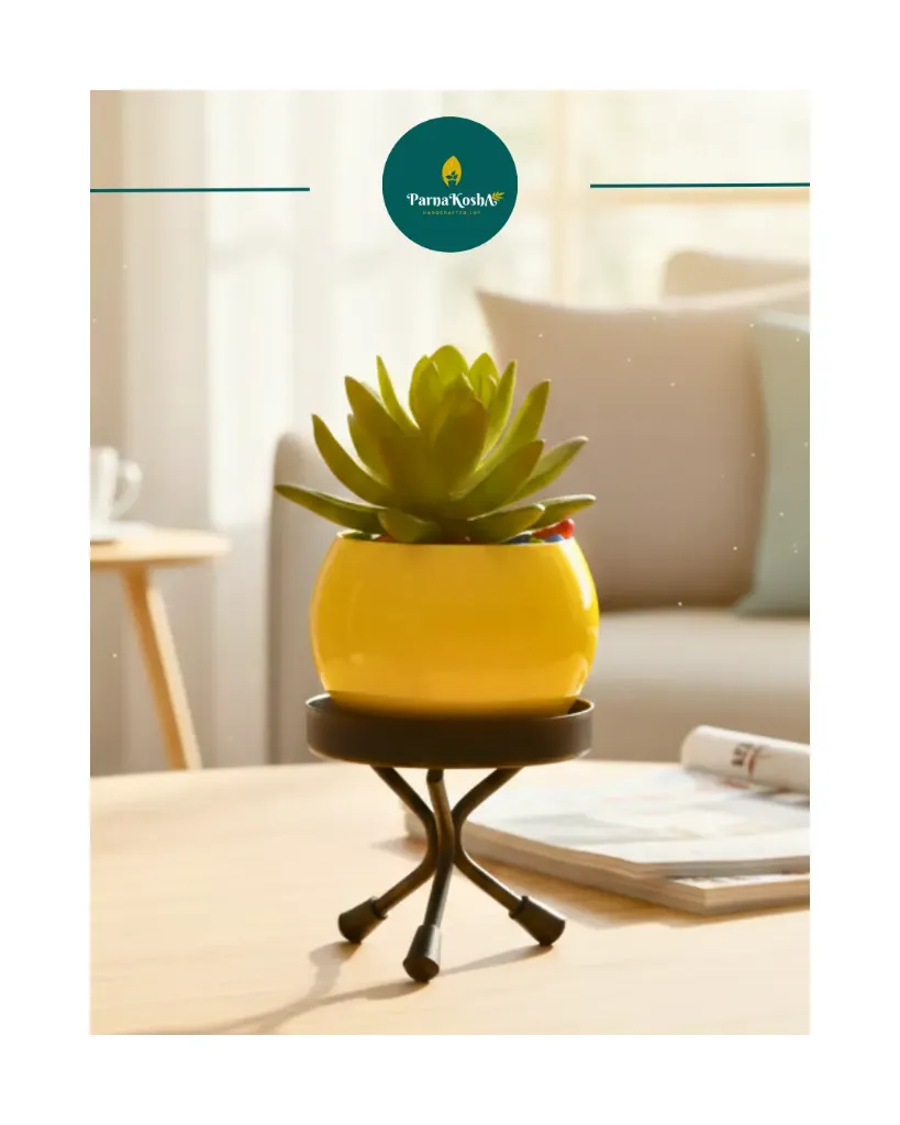 Metal Small Bowl Planter (with Stand) (Pastel Yellow)