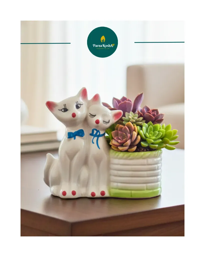 Cats with Basket Ceramic Planter