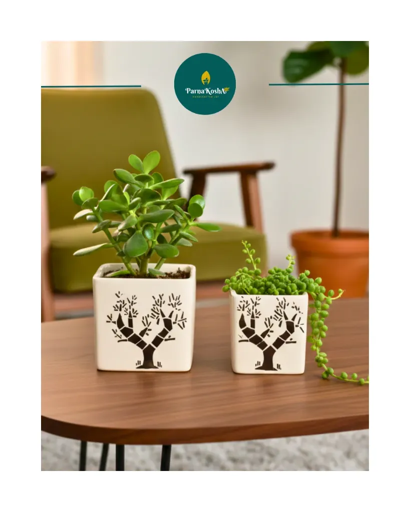 Tree imprint square Table - Top Ceramic Planters - 2 pc Set